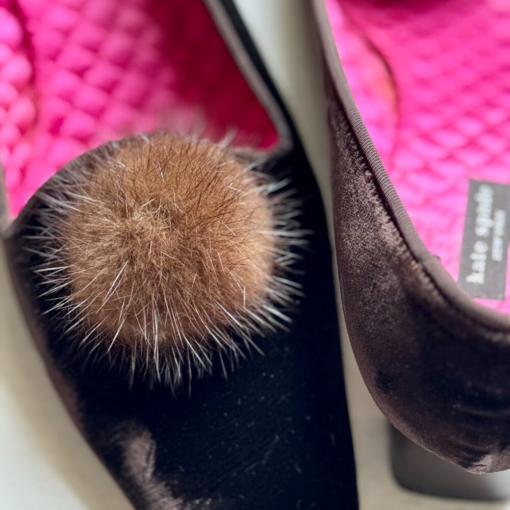 Kate Spade New York 9.5M Tryst Brown Velvet with Fur Pom Poms Square Toe Pumps - Picture 8 of 14